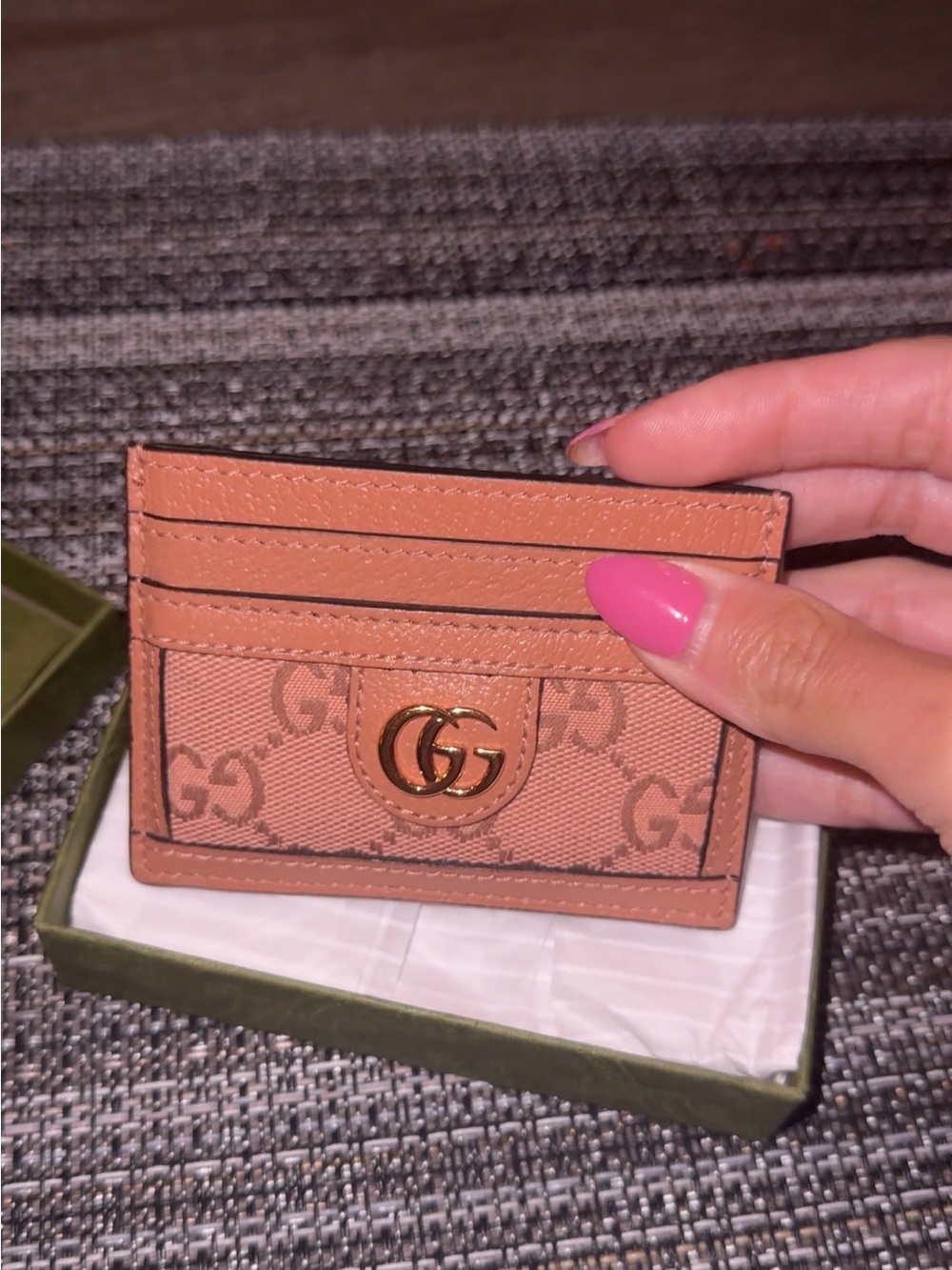 Gucci Pink-Tan GG Canvas Card Holder with Gold Double G
